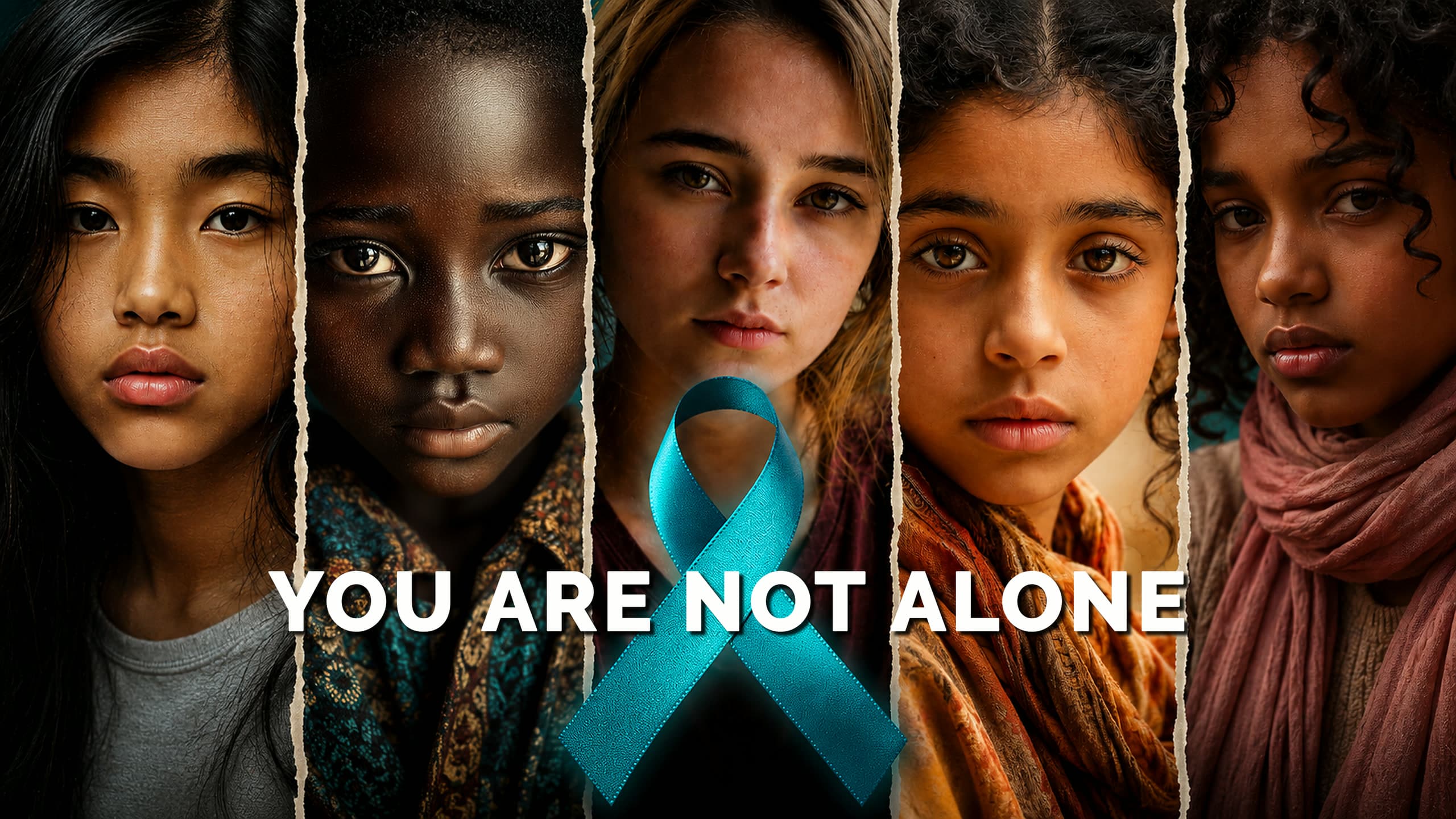 Hear Me: five young faces divided by torn paper, a teal awareness ribbon, and the words You Are Not Alone.