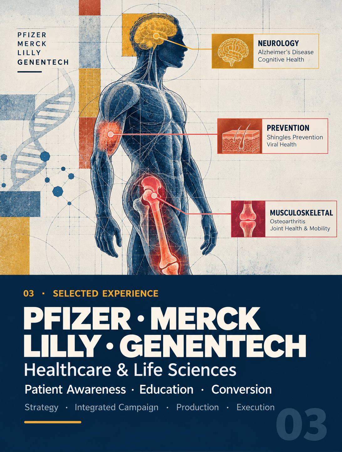 Healthcare Selected Experience poster: Pfizer, Merck, Lilly and Genentech patient awareness, education and conversion.